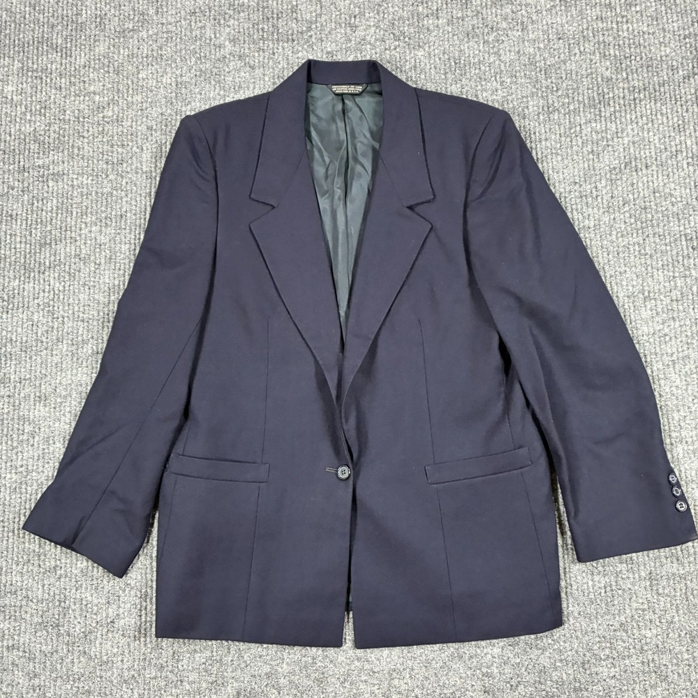 Vintage John Roberts USA Womens 12 Navy Blue Long Blazer Jacket Single Button